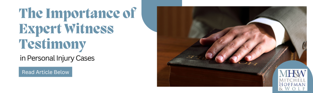A person in a suit places their hand on a Bible, symbolizing an oath, next to text highlighting the importance of expert witness testimony in Chicago personal injury law cases, with a Mitchell Hoffman & Wolf logo at the bottom.